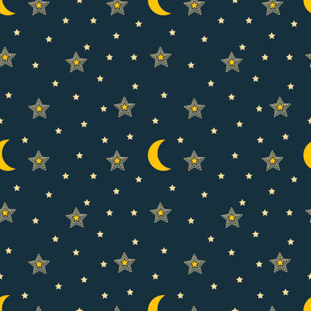 A set of seamless patterns with stars and the moon. The starry night sky. vector graphics.のイラスト素材