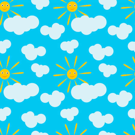 Seamless children s blue background with sun and clouds. Vector graphicsのイラスト素材