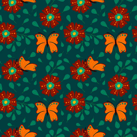 Set of seamless patterns with butterflies and flowers. Doodle style. 1000x1000, Vector graphics.のイラスト素材