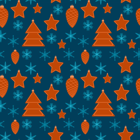 Set of Christmas and new year seamless pattern with Christmas toys and snowflakes.