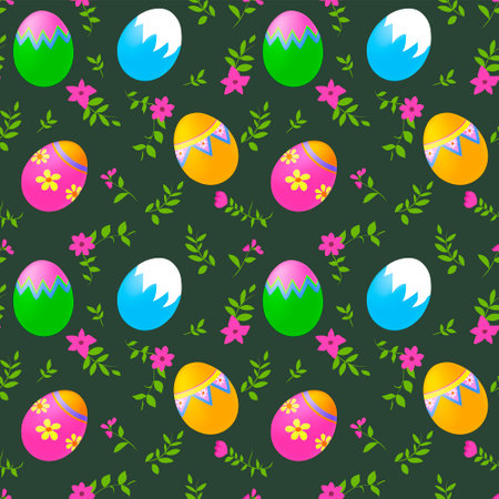 A set of seamless backgrounds with Easter eggs with a pattern and flowers, vector graphics 1000x1000 pixels.のイラスト素材