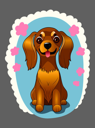 Cute red-haired sucky dog with long ears on a blue background, sticker.のイラスト素材