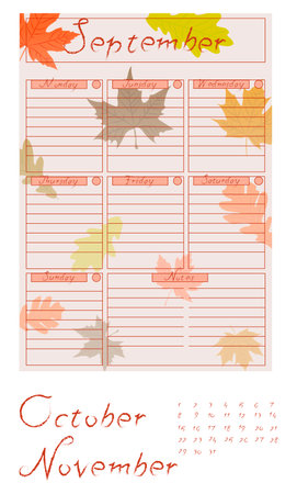 The planner - fall, autumn, the page is divided into days of the week, you can insert the desired date and the desired month. Vector graphicsのイラスト素材