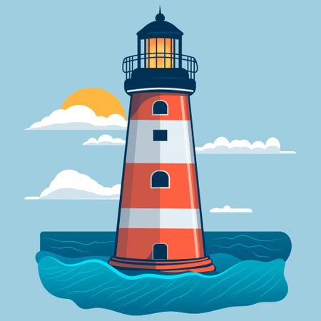 Lighthouse in the sea, The sun peeks out from behind the clouds. vector illustrationのイラスト素材