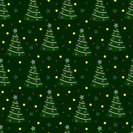 Seamless pattern with Christmas tree, toys and stars. Pattern for Christmas design. Colorful vector winter illustration. New year illustration.のイラスト素材