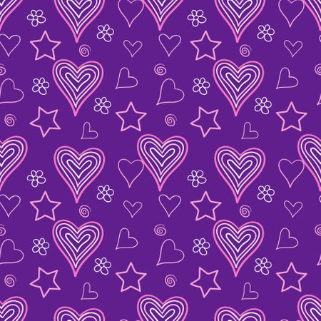 Set of seamless patterns with hand drawn hearts, stars and flowers.のイラスト素材