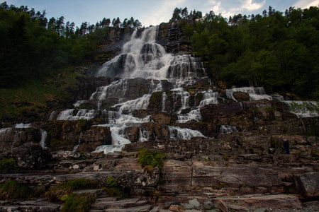 A beautiful view of the step waterfallwaterfall in Norway, Juneの写真素材