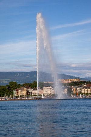 The Jet d'eau foutain, the symbol of Geneva, Switzerland, Lake Genevaの写真素材