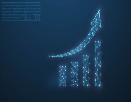Growth chart vector image composed of grid and dots. Business illustration - graphics, growth concept, business development. Vector illustration of a business graph on a dark blue background.のイラスト素材