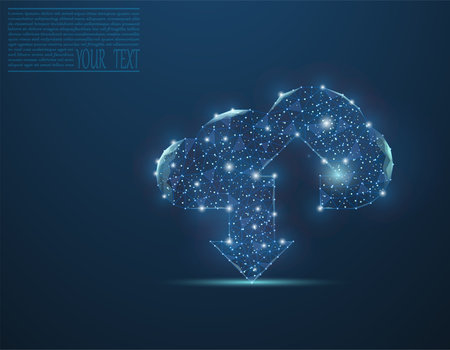 Cloud technologies composed of dots and grid. Wireframe cloud storage sign with two up and down arrows on a dark blue background. Cloud computing, data center, infrastructure of thのイラスト素材