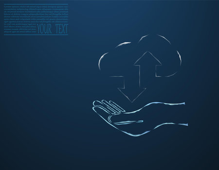 Heart on hand, vector illustration. The frame of the heart in the light, lying on the hand. Heart on the hand on a blue background.のイラスト素材