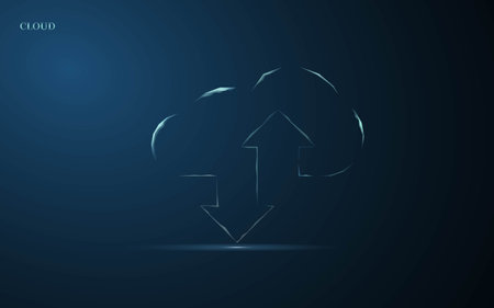 Cloud technologies, vector illustration. Wireframe cloud storage sign with two up and down arrows on a dark blue background. Cloud computing, data center.のイラスト素材