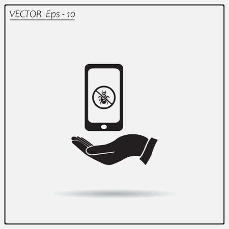 Protection of the software, protection of the system against computer viruses. Virus design on the hand, vector illustration.のイラスト素材