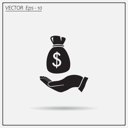 Money bag icon on the hand, vector illustrationのイラスト素材