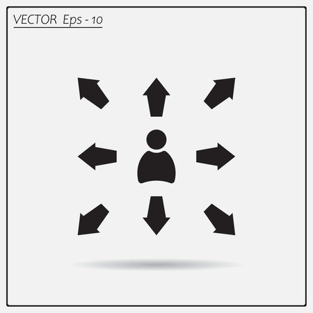The choice of the way, the solution of the problem, a serious choice. Arrows pointing different directions around a person.Vector icon.のイラスト素材