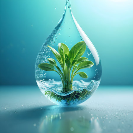 Water drop with green plant inside. Ecology concept. 3D Renderingの素材