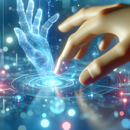 3D rendering of human hand touching digital hologram over blue backgroundの素材