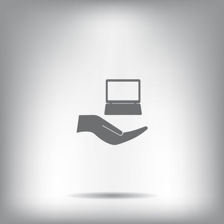 Notebook insurance sign icon. Hand holds pc laptop symbol. Circle and square buttons. Flat design set. Thank you ribbon. Vectorのイラスト素材