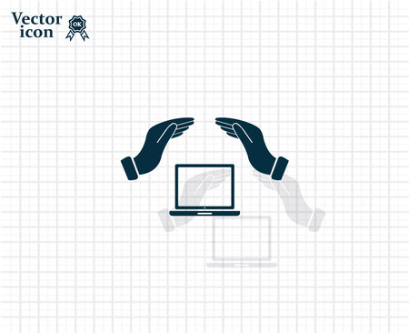 Notebook insurance sign icon. Hand holds pc laptop symbol.のイラスト素材