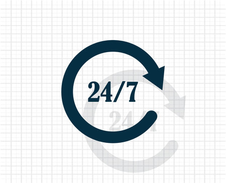 Open around the clock or 24 hours a day and 7 days a week icon or symbol isolated on white...
