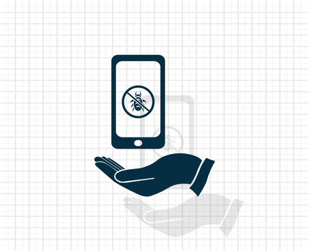 Protection of the software, protection of the system against computer viruses. Virus design on the hand, vector illustration.のイラスト素材