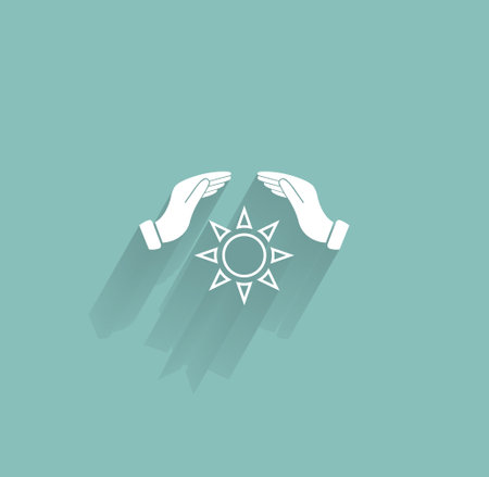hands raised over the sun. vector illustration.のイラスト素材