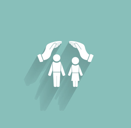 Family life insurance sign icon. Hands protect human group symbol. Health insurance.のイラスト素材