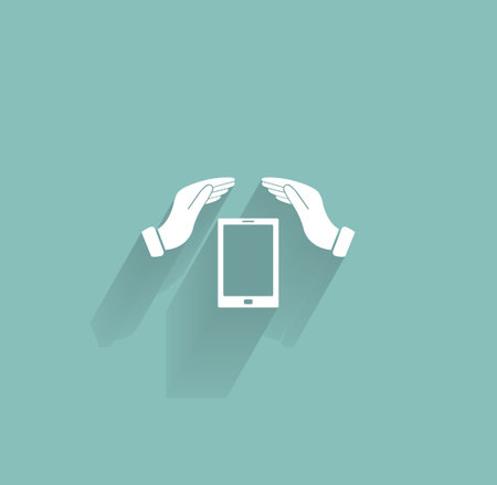 Smartphone insurance sign. Hand holds mobile phone symbol.のイラスト素材