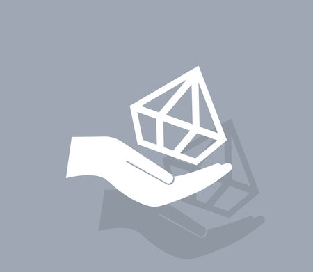 Jewelry insurance sign. Hand holds diamond symbol. Brilliant insurance. Icon on blurred background. Vectorのイラスト素材