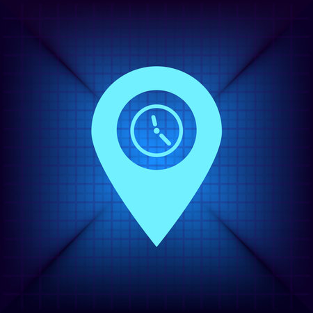 Map pointer with clock icon on blue background. Flat design style.のイラスト素材