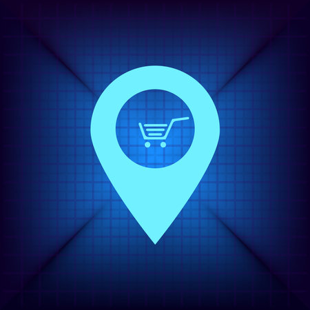 Map pointer with shopping cart icon on blue background. Vector Illustrationのイラスト素材