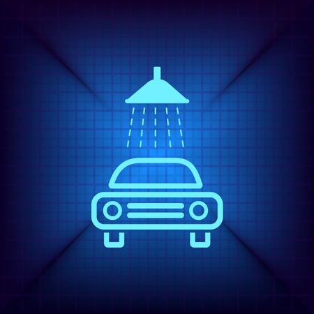 Car wash icon. Blue neon icon on the dark blue background.のイラスト素材