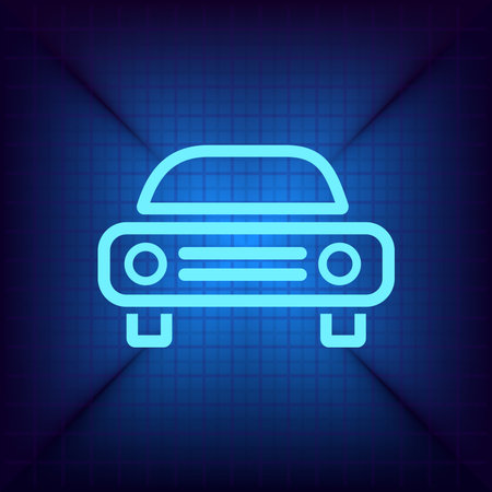 Car icon. Blue neon sign on dark background. Vector Illustrationのイラスト素材