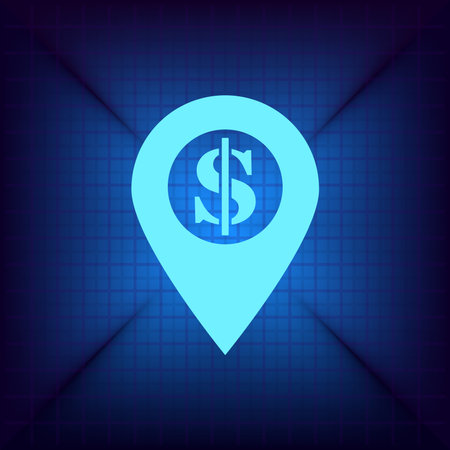 Map pointer with dollar sign icon. Cash location symbol. Blue backgroundのイラスト素材