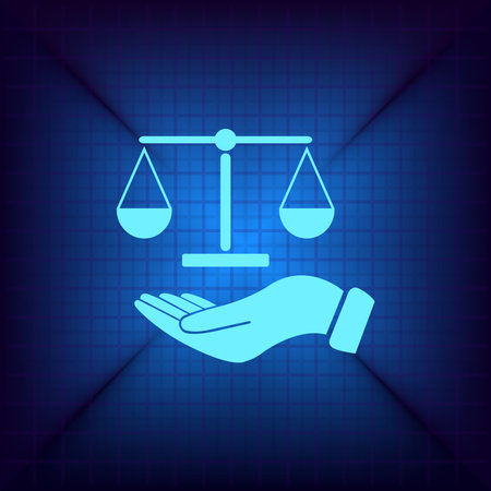 Illustration of a hand holding weighing scale scales of justiceのイラスト素材
