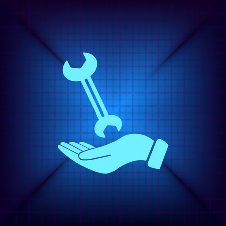 Repair service concept. Wrench in hand. Maintenance sign. Blue backgroundのイラスト素材