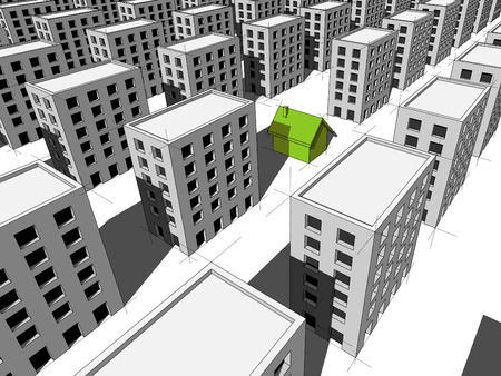 green âecologicalâ house surrounded by many blocks of flatsのイラスト素材