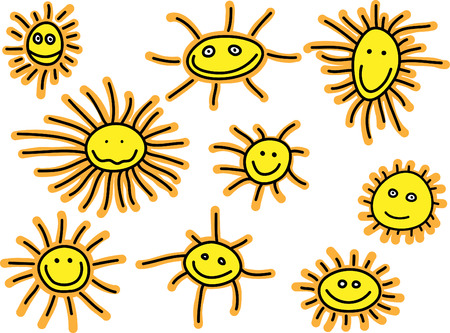 Collection of hand-drawn funny cartoon sunsのイラスト素材