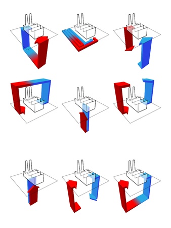 collection of nine heat pump diagrams: on example of a factory showing possibilities of usage of heat pumpのイラスト素材