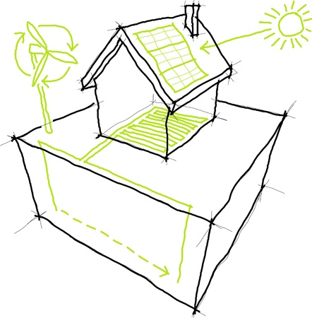 Sketches of sources of renewable energy (wind turbine, solar/photovoltaic panel, heat/thermal pump) のイラスト素材