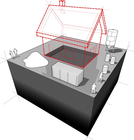 Vision of a simple detached house with construction equipment around the construction siteのイラスト素材