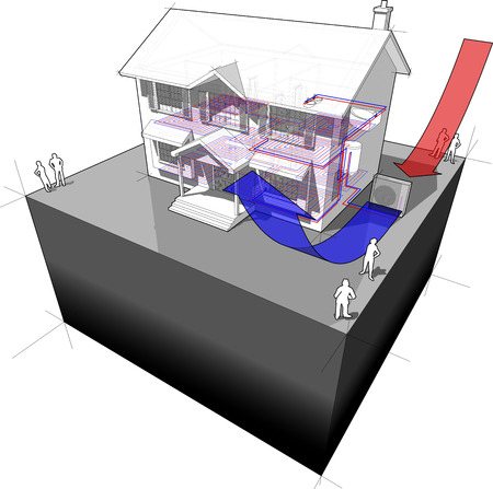 diagram of a classic colonial house with air-source heat pump as source of energy for heating + floor heatingのイラスト素材