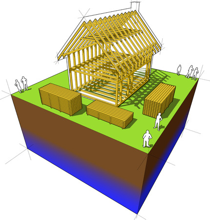 Construction of simple detached house with wooden framework constructionのイラスト素材