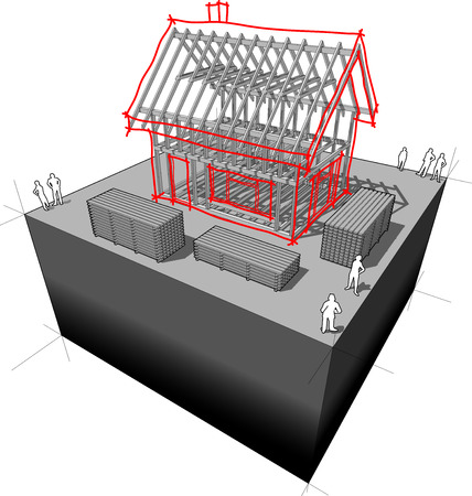 House framework with detached house sketch over itのイラスト素材