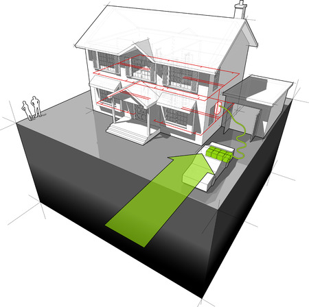 diagram of a classic colonial house powered by battery from electro carのイラスト素材