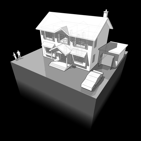 diagram of a classic colonial house with garage and carのイラスト素材