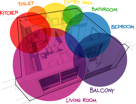 Perspective cut away diagram of a one bedroom apartment completely furnished with circular colorful zone bubbles and hand drawn notes over itのイラスト素材