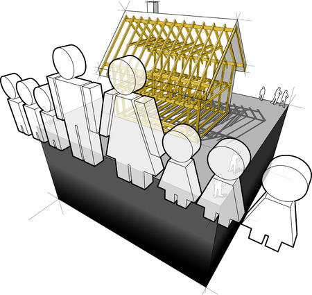 simple detached house with wooden framework construction and family sign composed of man and wife and six childrenのイラスト素材
