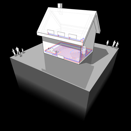 diagram of a detached  house with floor heating on the ground floor and radiators on the first floorのイラスト素材