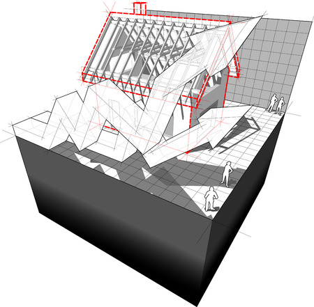 3d illustration of diagram of a detached house under construction with two rising business diagram arrowsのイラスト素材